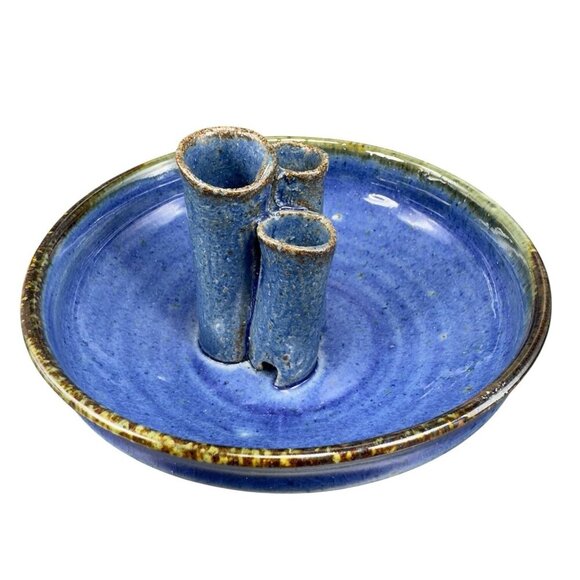 Hand Made Pottery Flower Frog Dish Container Vase Artist Signed Blue Glazed VTG - Picture 1 of 12